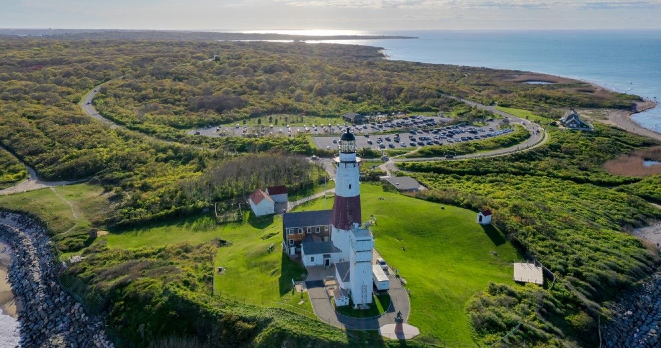Aerial view of the Montauk Lighthouse and beach in Long Island, New York