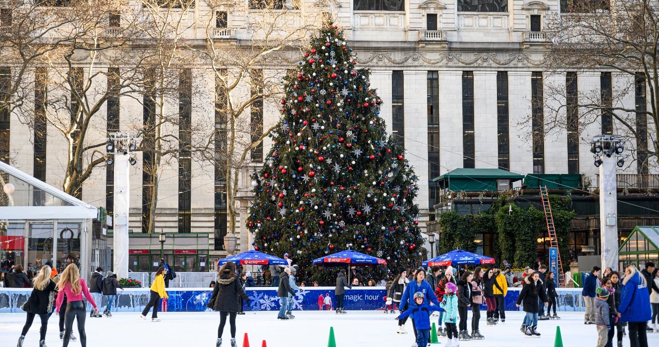 Christmas tree and skating rink at Bryant Park Winter Village, New York