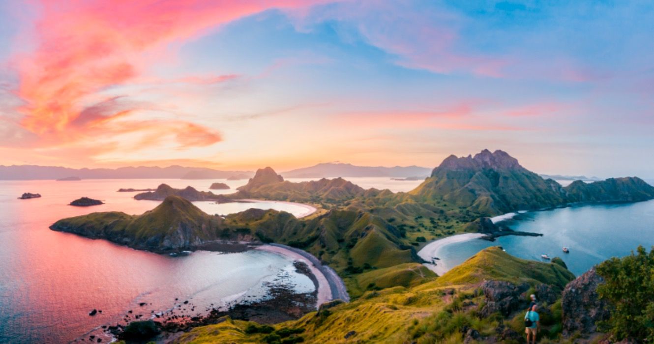 Panoramic colorful sunset view of Padar Island