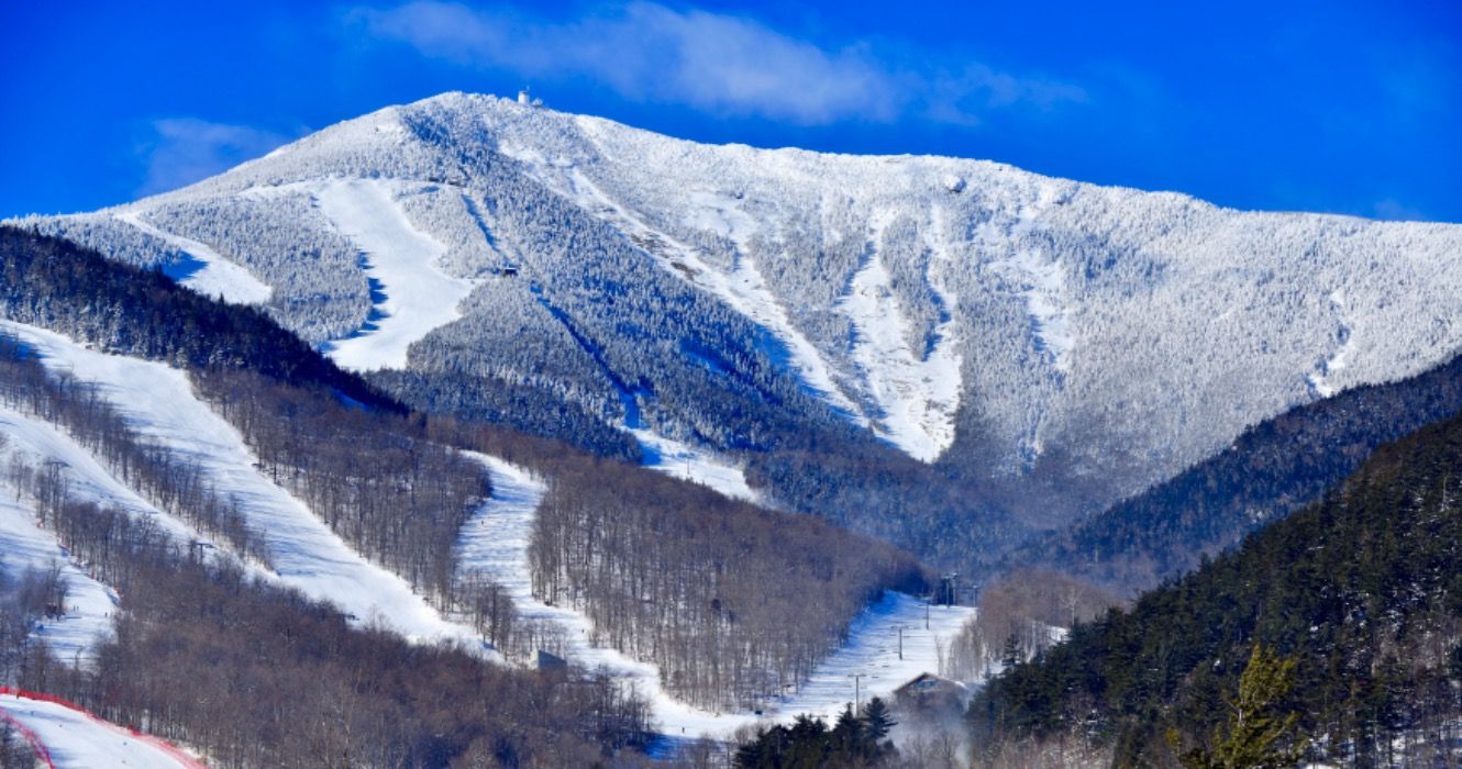 Snow covered Whiteface Mountain ski area in the Adirondack Mountains, New York