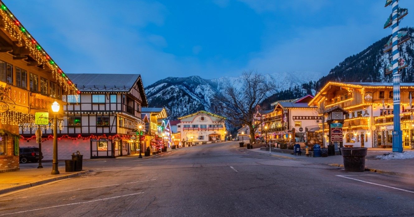 Leavenworth, Washington, decorated with lights for Christmas