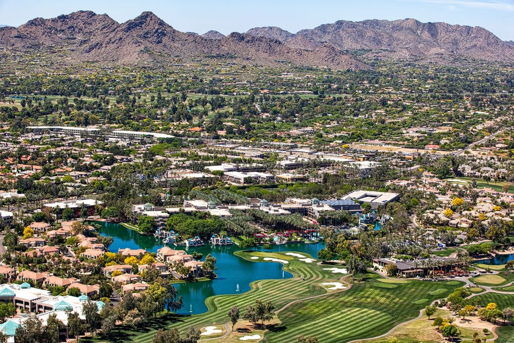 Over Scottsdale, Arizona looking to the southwest at golf courses