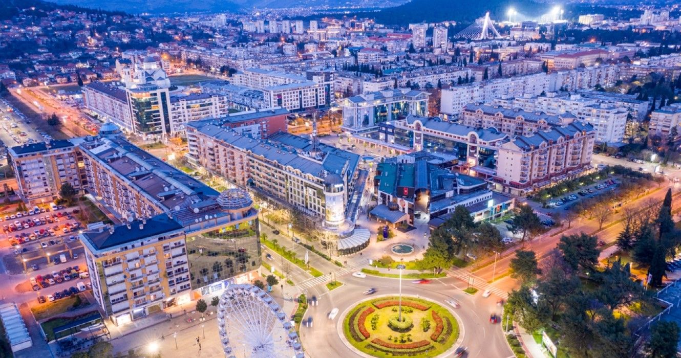 Aerial view of Podgorica, Montenegro in the evening