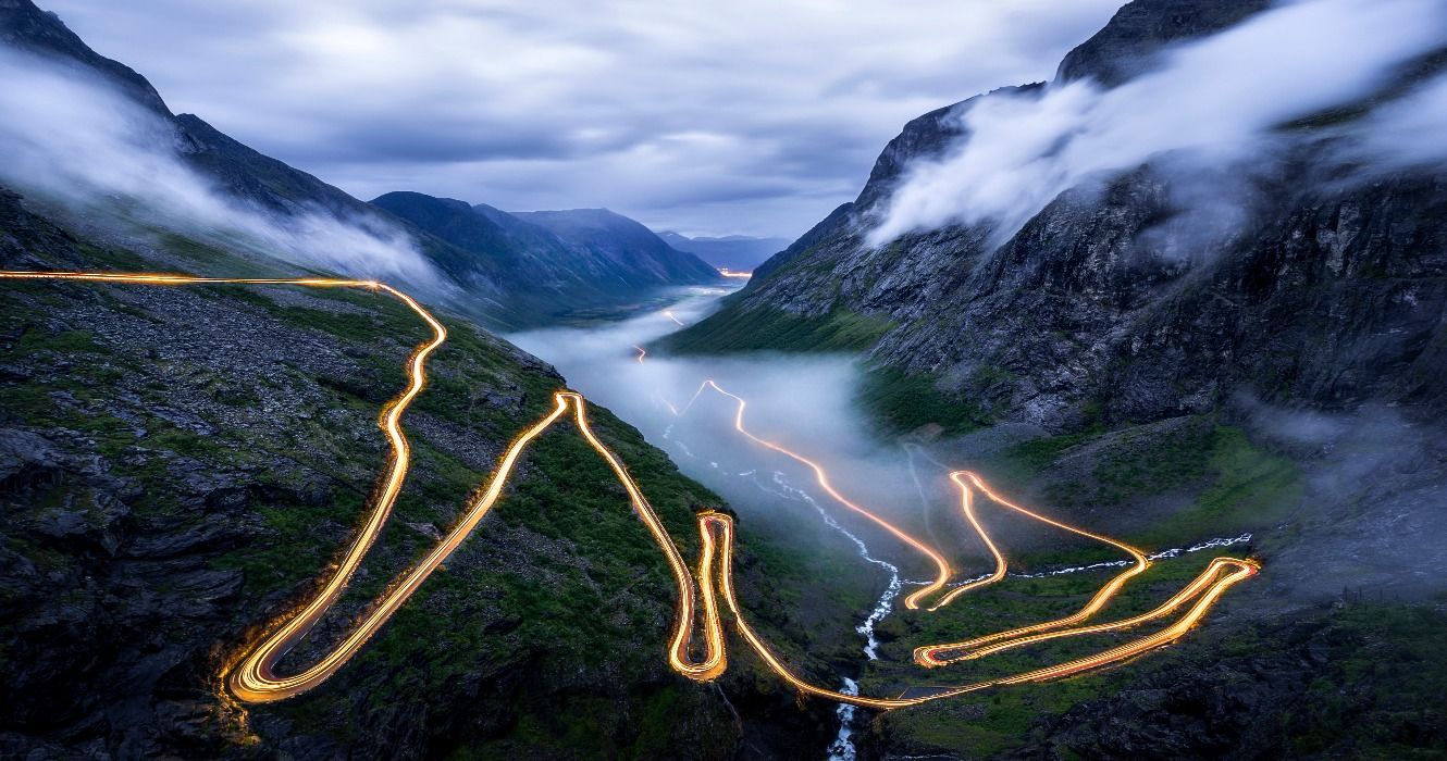 Trollstigen road trip route in Norway at night