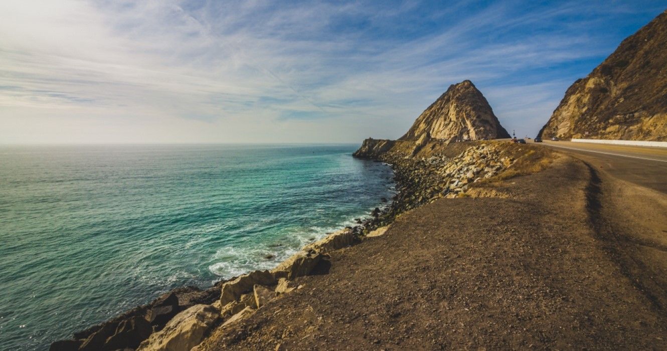 Rocky shoreline view of the Point Mugu Rock along Pacific Coast Highway, Point Mugu, California