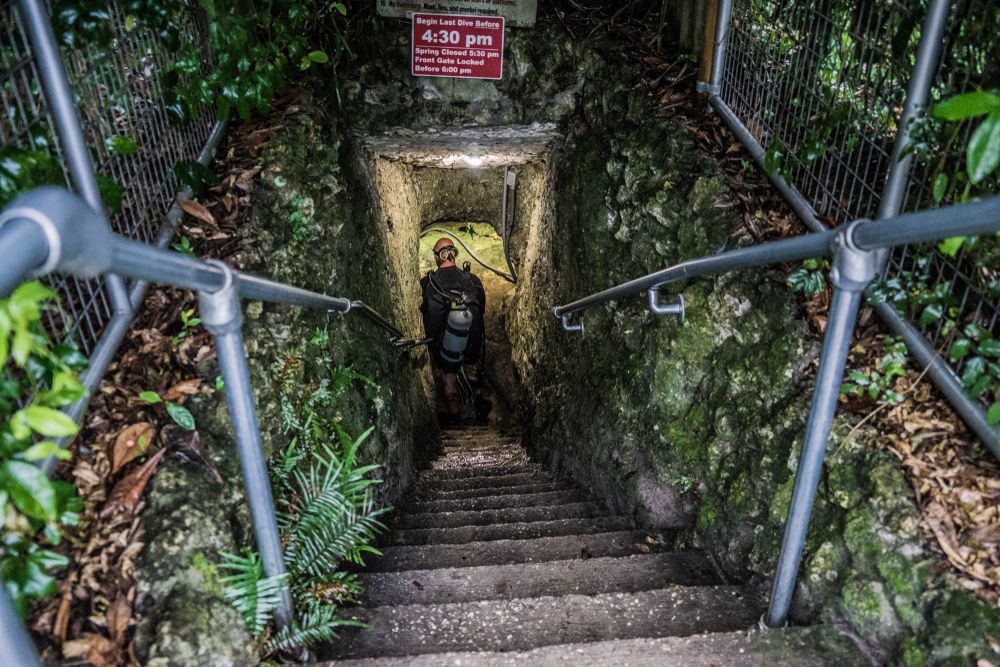 Stairway to the popular underground spring in Williston, Florida with scuba diver in background