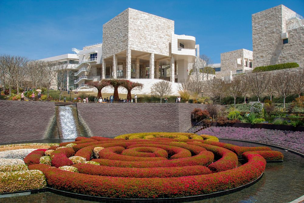 Robert Irwin’s Central Garden at the Los Angeles Getty Center with the Getty Museum in the background, LA, California, CA, USA