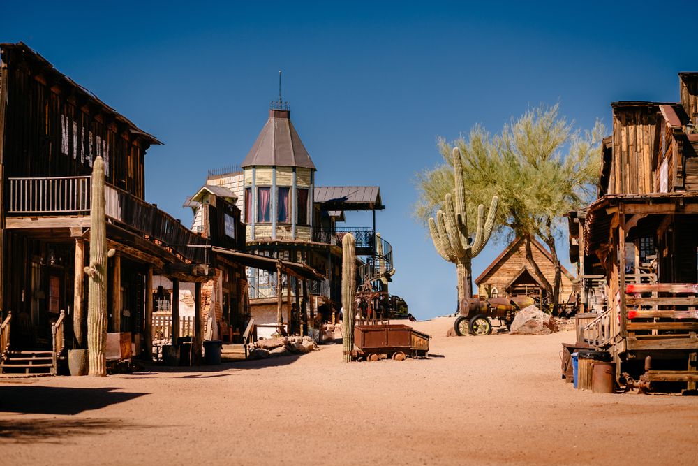 Old western wooden buildings in Goldfield gold mining ghost town, Youngsburg, Arizona, USA
