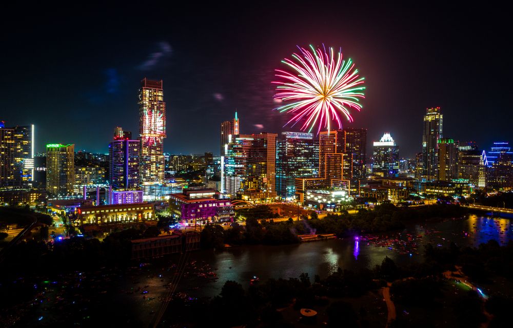 New Year's Eve fireworks display at night in Austin, TX, Texas, USA