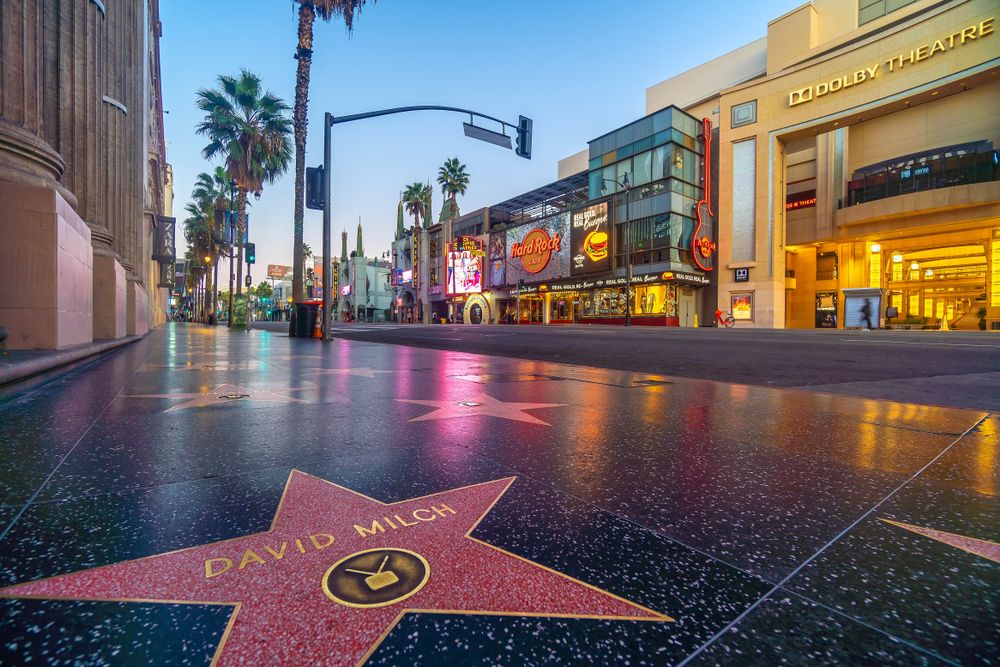 View of the world famous Hollywood Walk of Fame in the Hollywood Boulevard district of Los Angeles, California, USA