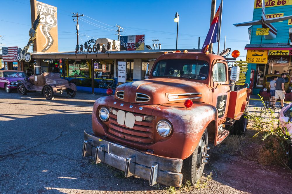 Famous Seligman Town With Old Cars Located On Historic Route 66.