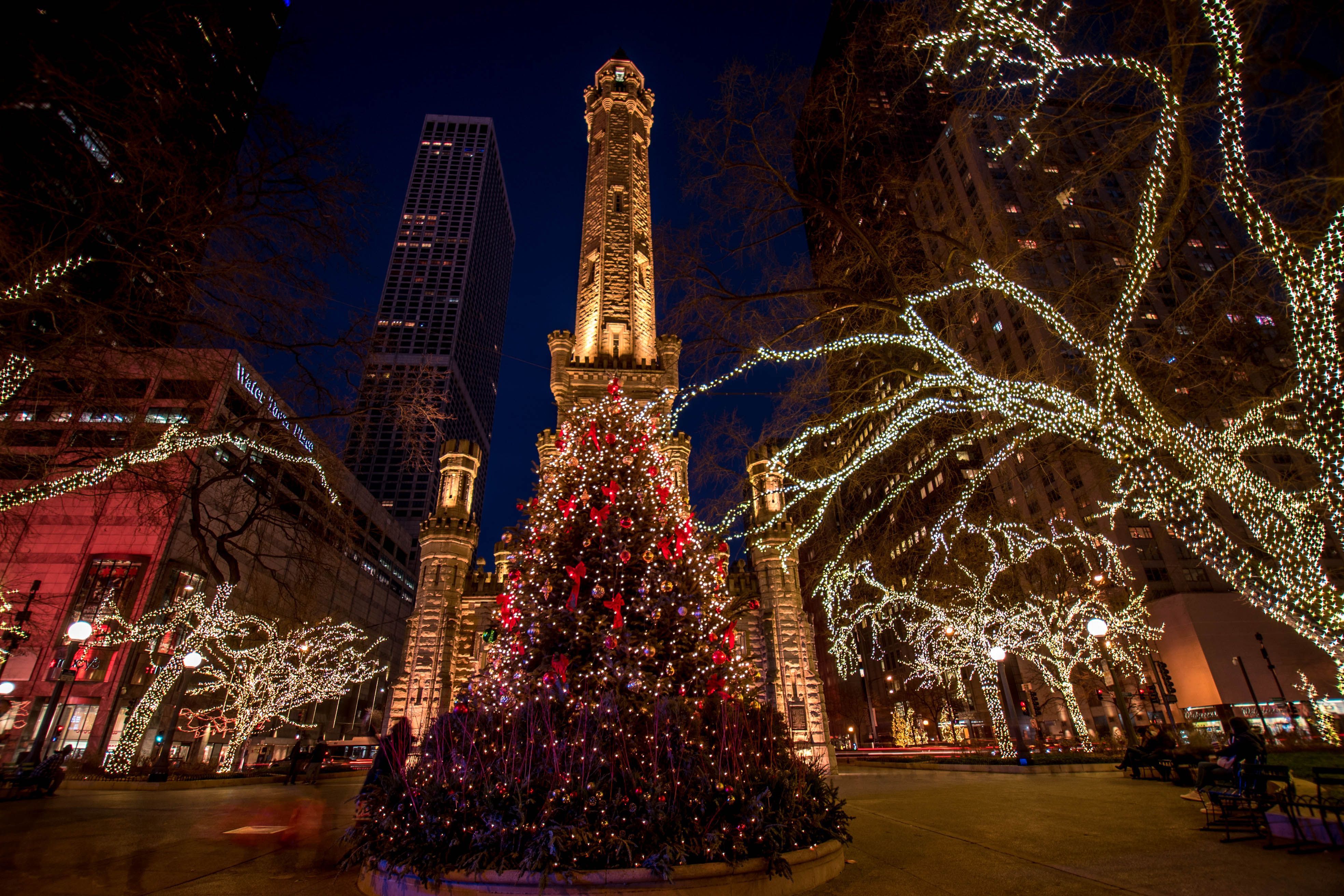 The Chicago Christmas tree lighting at historic Water Tower Place 
