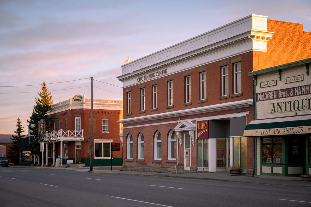 Facades of historic buildings in the town of Nanton, Alberta, Canada