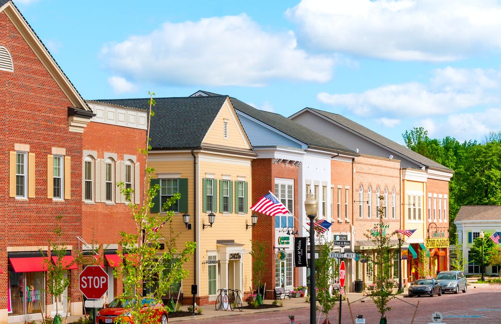 The retail district of Hudson, Ohio, OH, USA