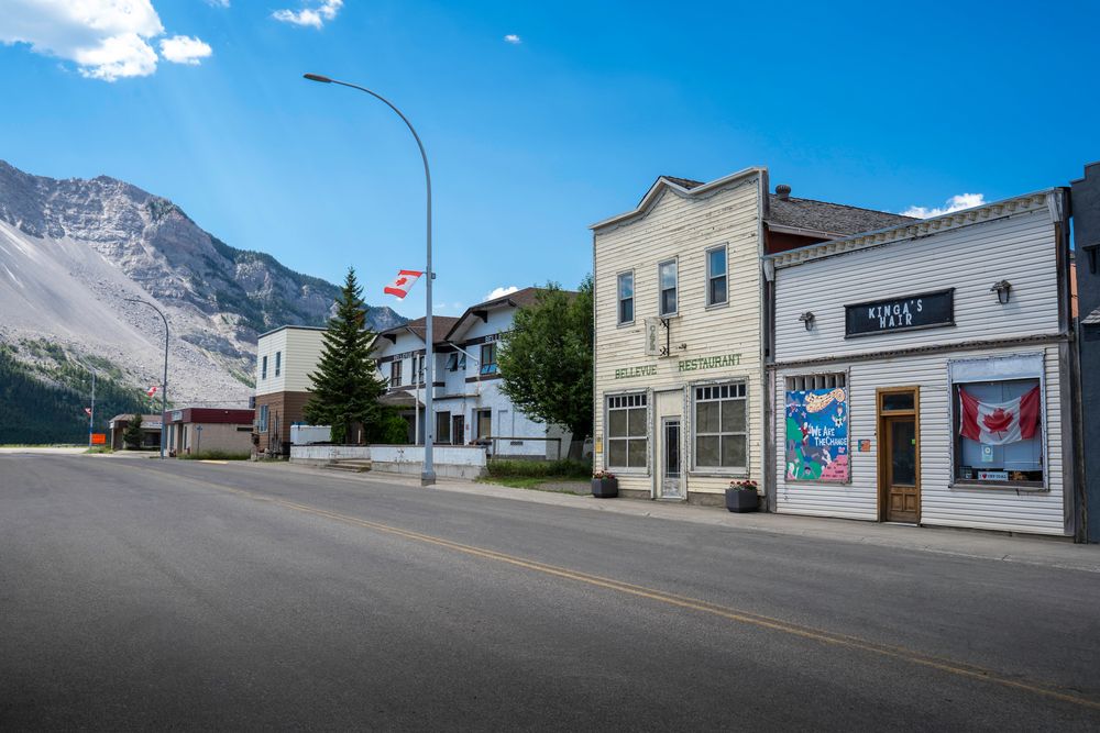 The main street in Bellevue, Alberta, in the Canadian Rocky Mountains of Canada