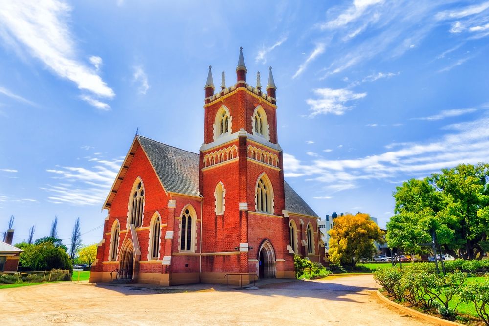 Historic heritage church building in the public park in Mudgee, rural New South Wales, NSW, Australia