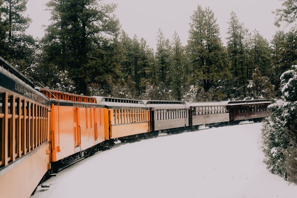 A winter view of the Durango and Silverton Narrow Gauge Railroad train on a winter day
