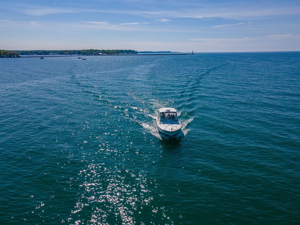 A boat sailing on Lake Ontario, New York, USA