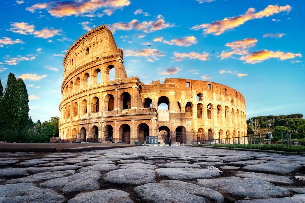 The Colosseum at sunset in Rome, Italy