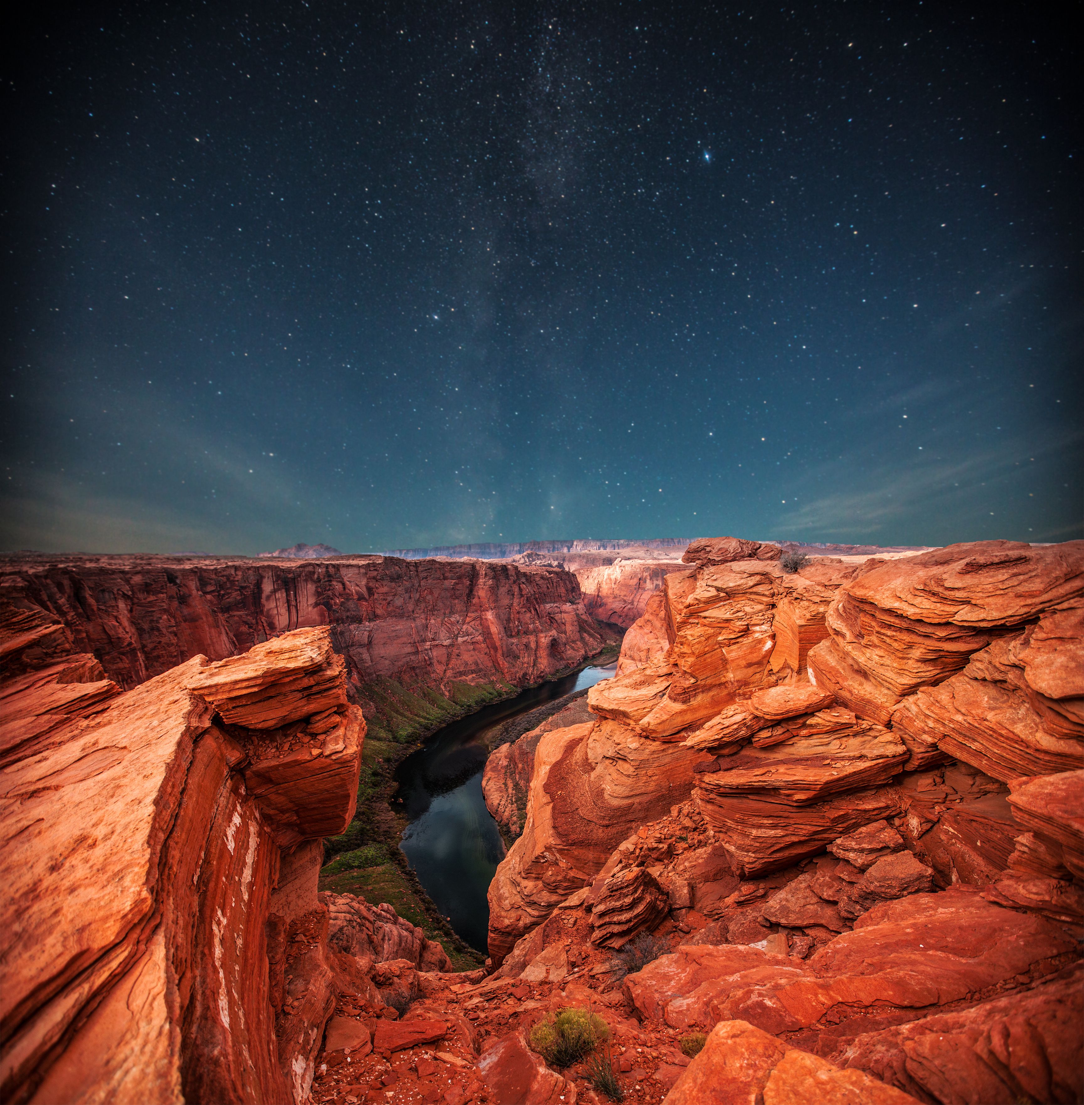 Grand Canyon red rocks scenery at night under the stars, Arizona, AZ, USA