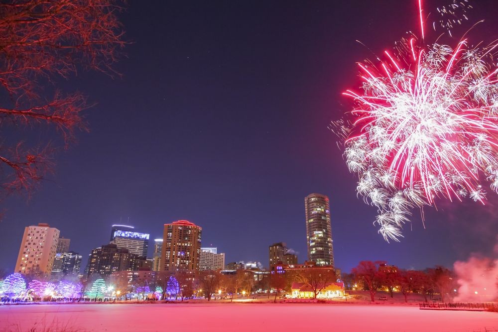 Fireworks over Loring Park and the Minneapolis skyline at night in the winter during the holidays, Minnesota, USA