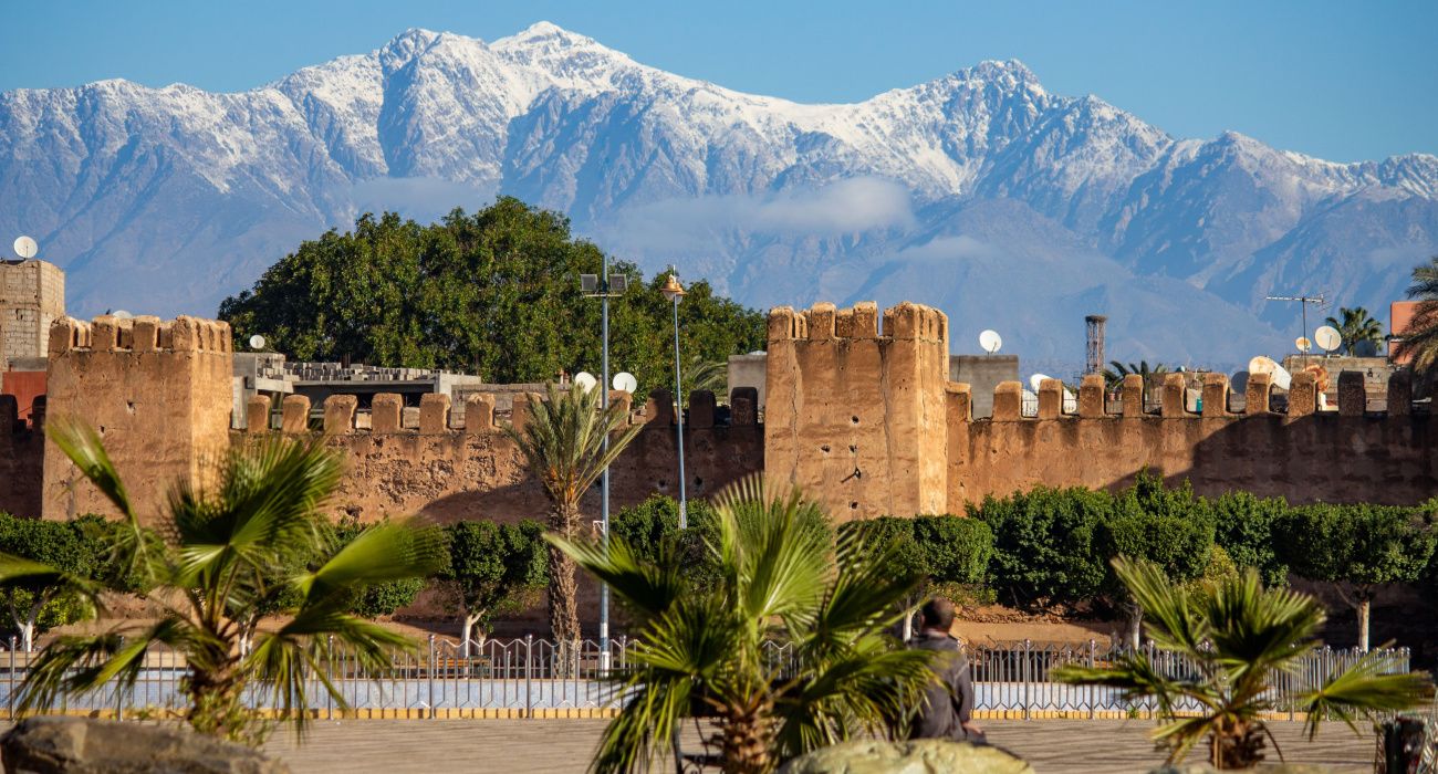 Taroudant city tower walls with Atlas Mountains view, Morocco