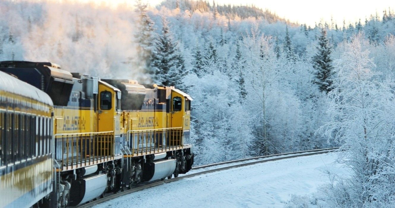 The Aurora winter train on a journey through Alaska