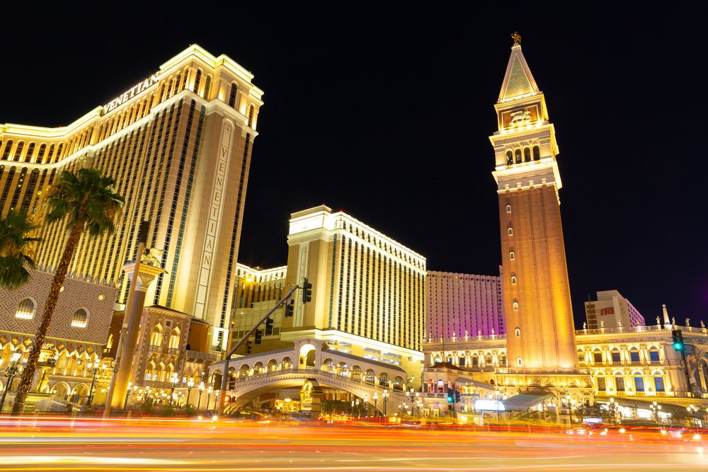 The Venetian Hotel and Casino at night in Las Vegas, Nevada