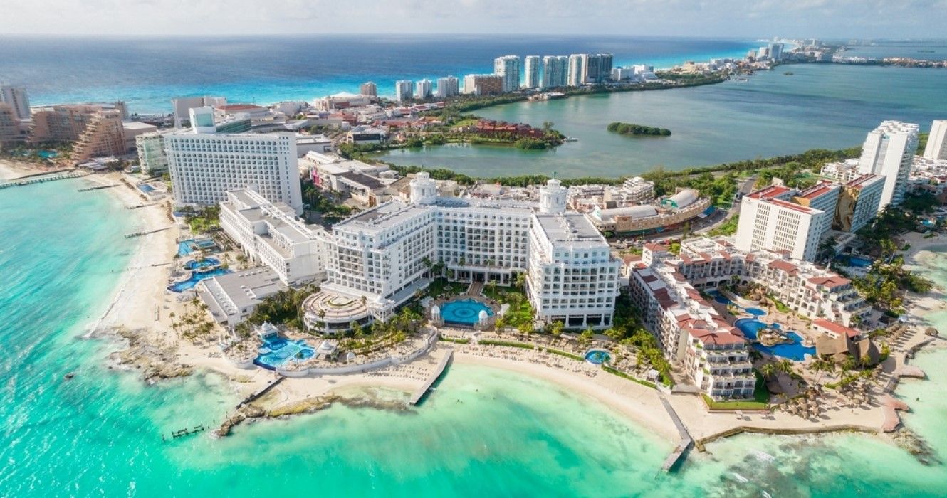 View of beautiful Hotels in the hotel zone of Cancun, Mexico