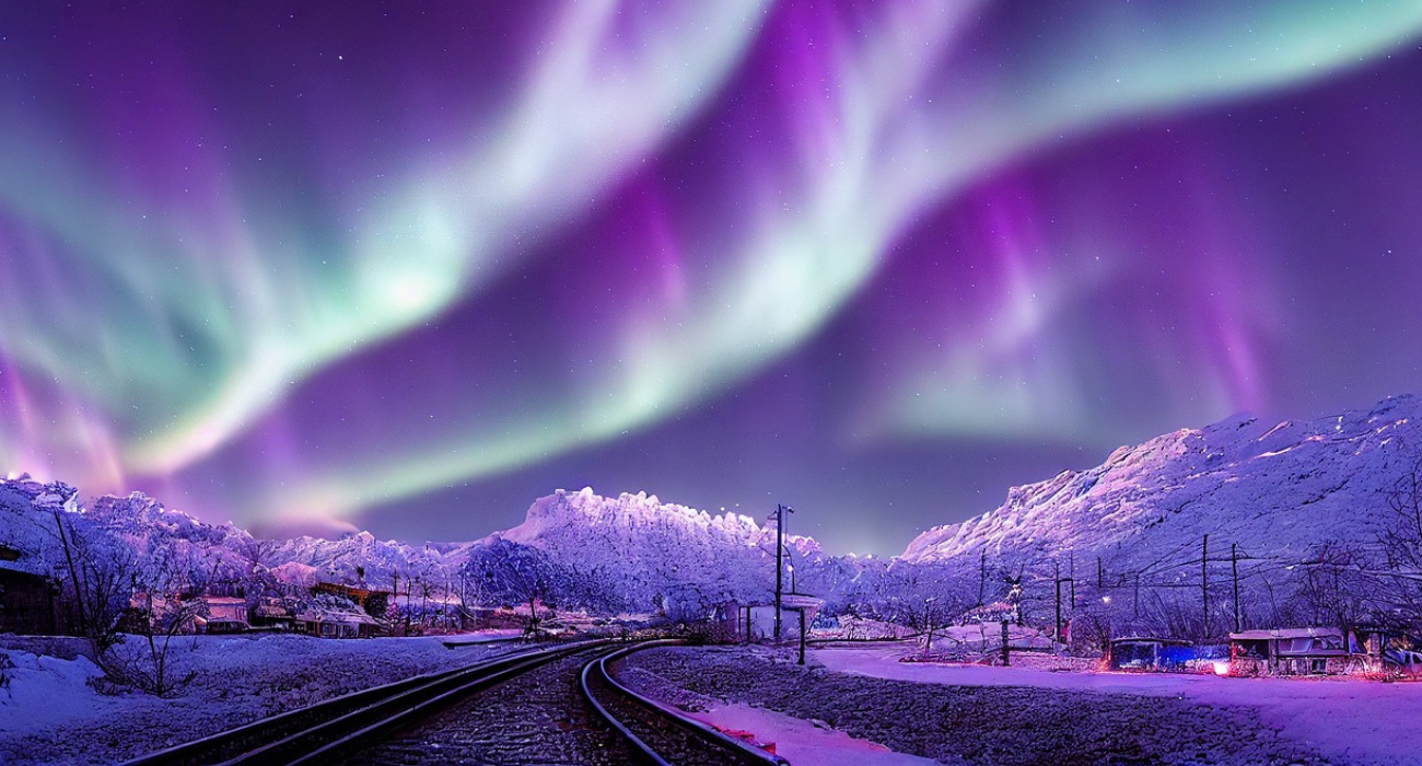 Winter Train Tracks and Northern Lights