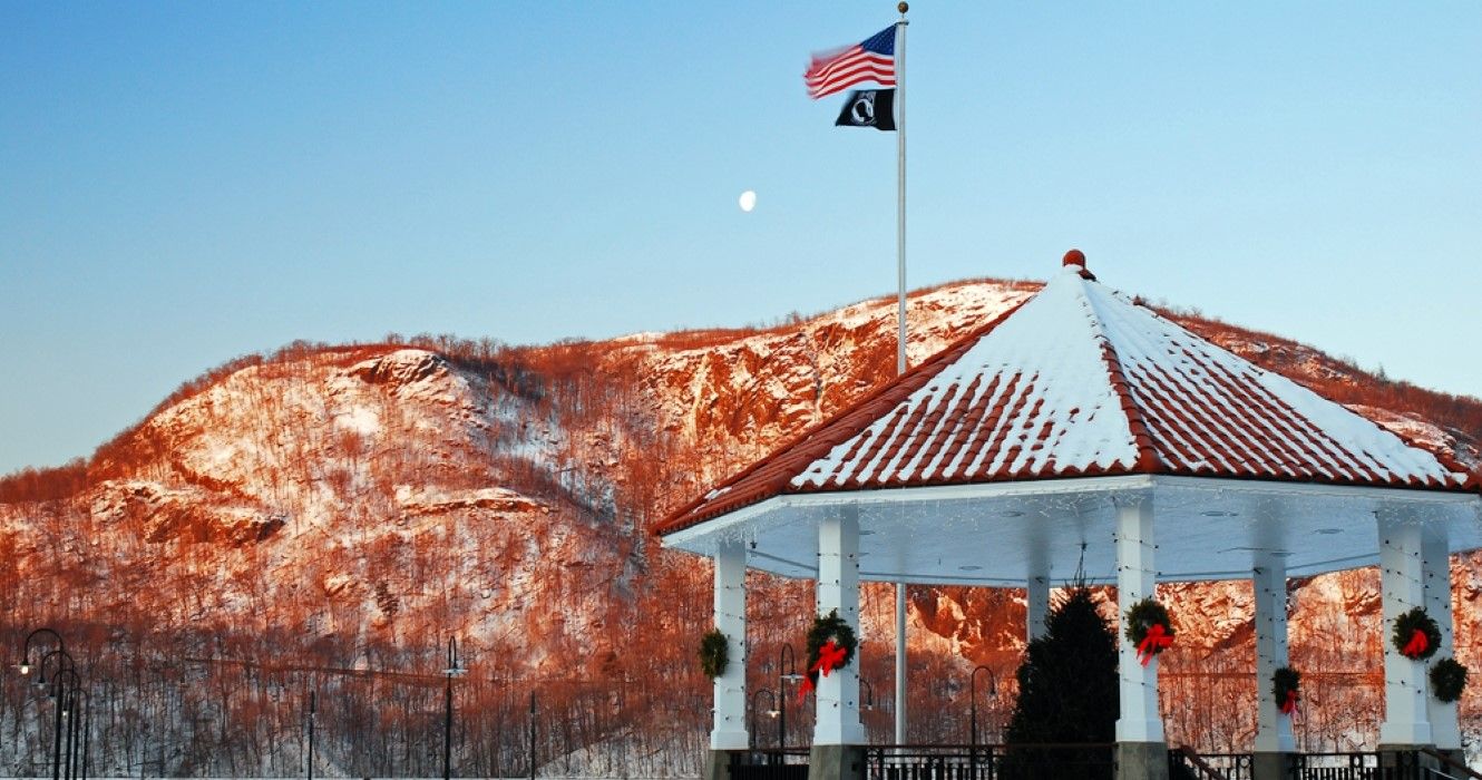 A gazebo sits at the Hudson River waterfront in Cold Spring, New York