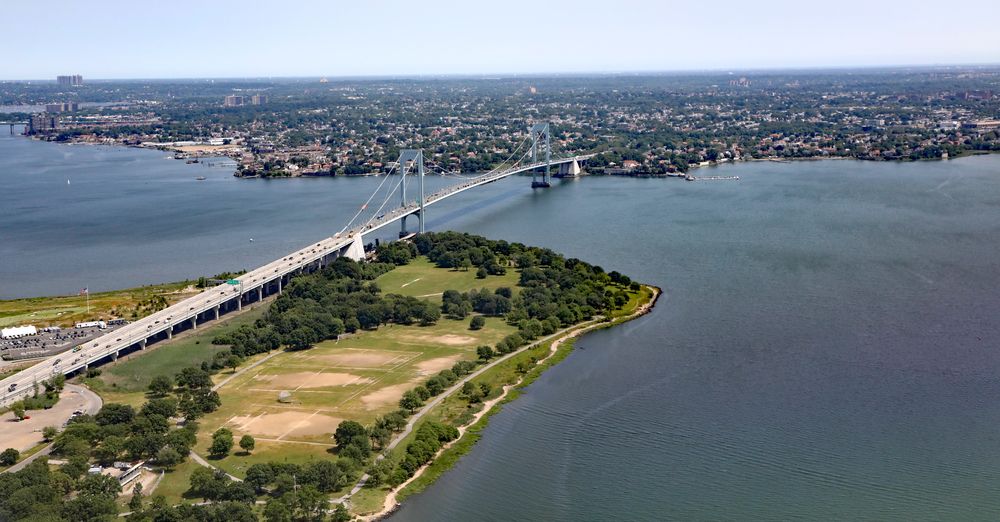 Aerial view of the Throgs Neck Bridge connecting the Bronx with Queens in New York City