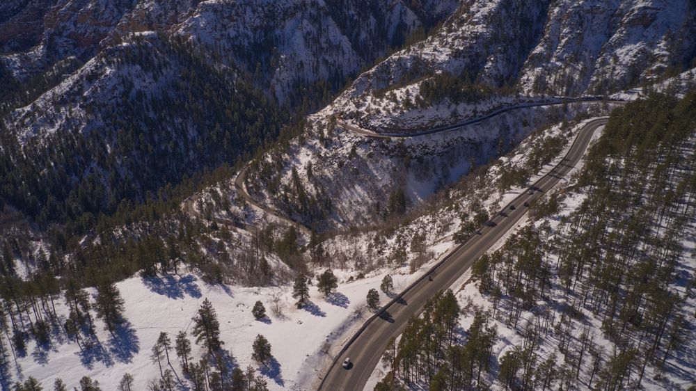 An aerial of Oak creek canyon, Arizona, in the snow