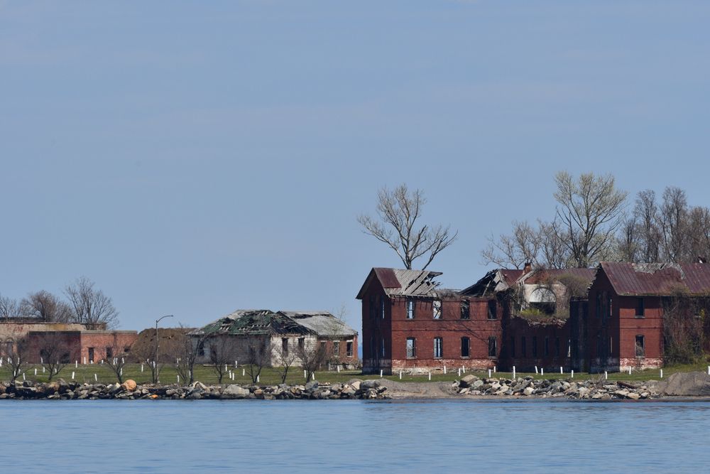 Hart Island with its dilapidated buildings
