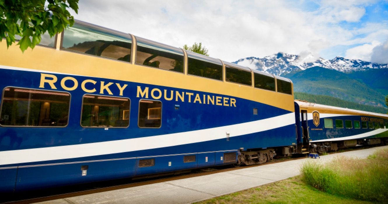The Rocky Mountaineer parked at the Pemberton BC train station under Mt.Currie.