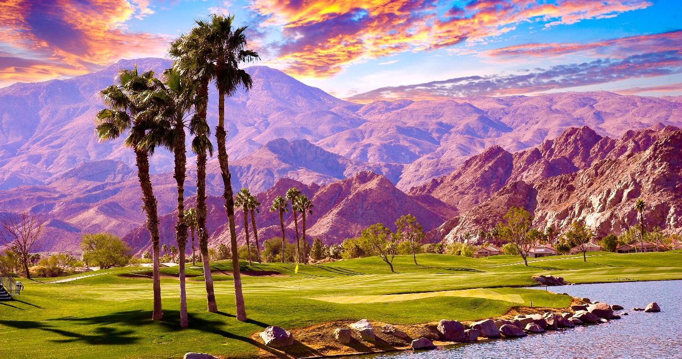 golf course at sunset in palm springs, California, USA