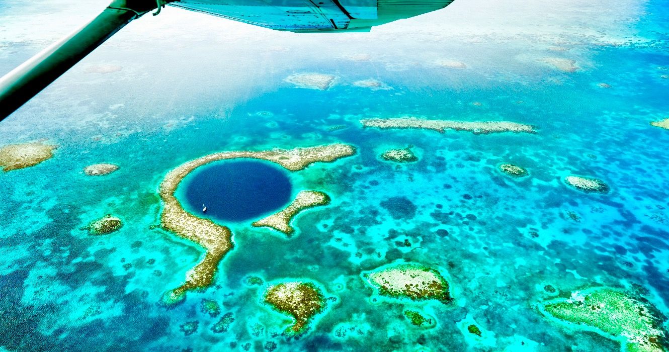 Aerial view of the Great Blue Hole in Belize