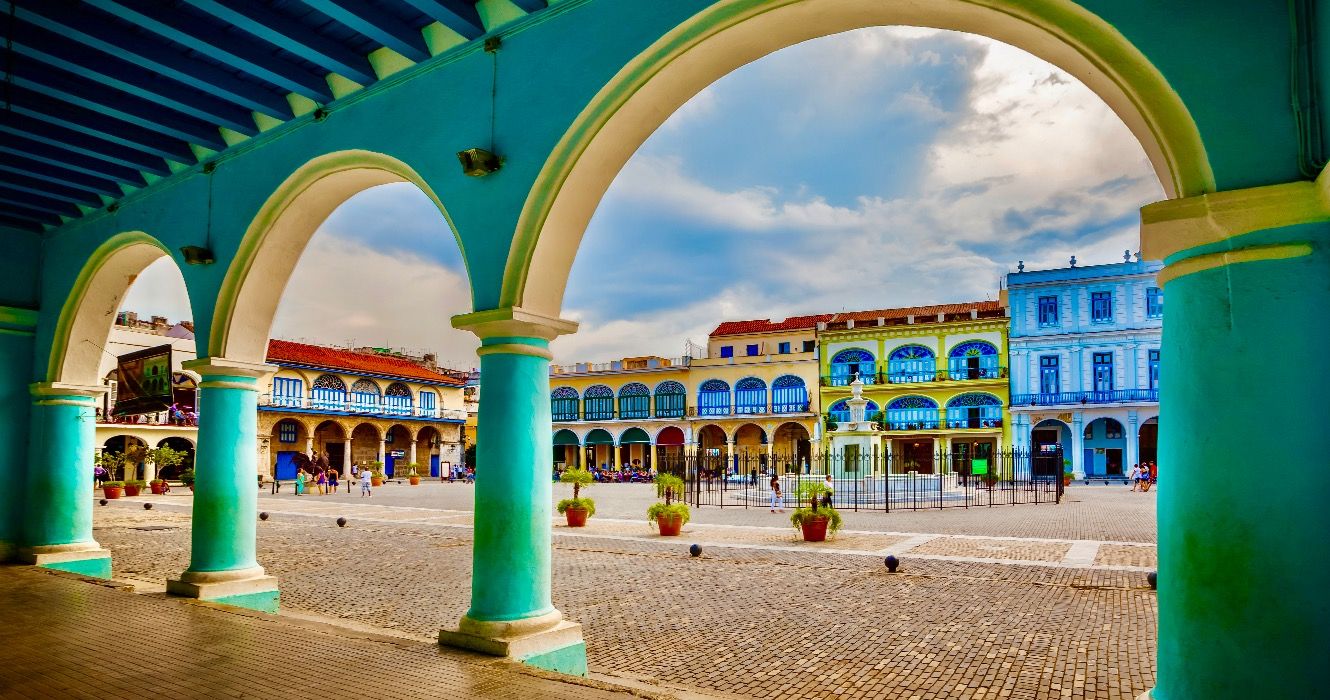 The Old Square or Plaza Vieja from the porch of the Fototeca de Cuba, Old Havana, Cuba.