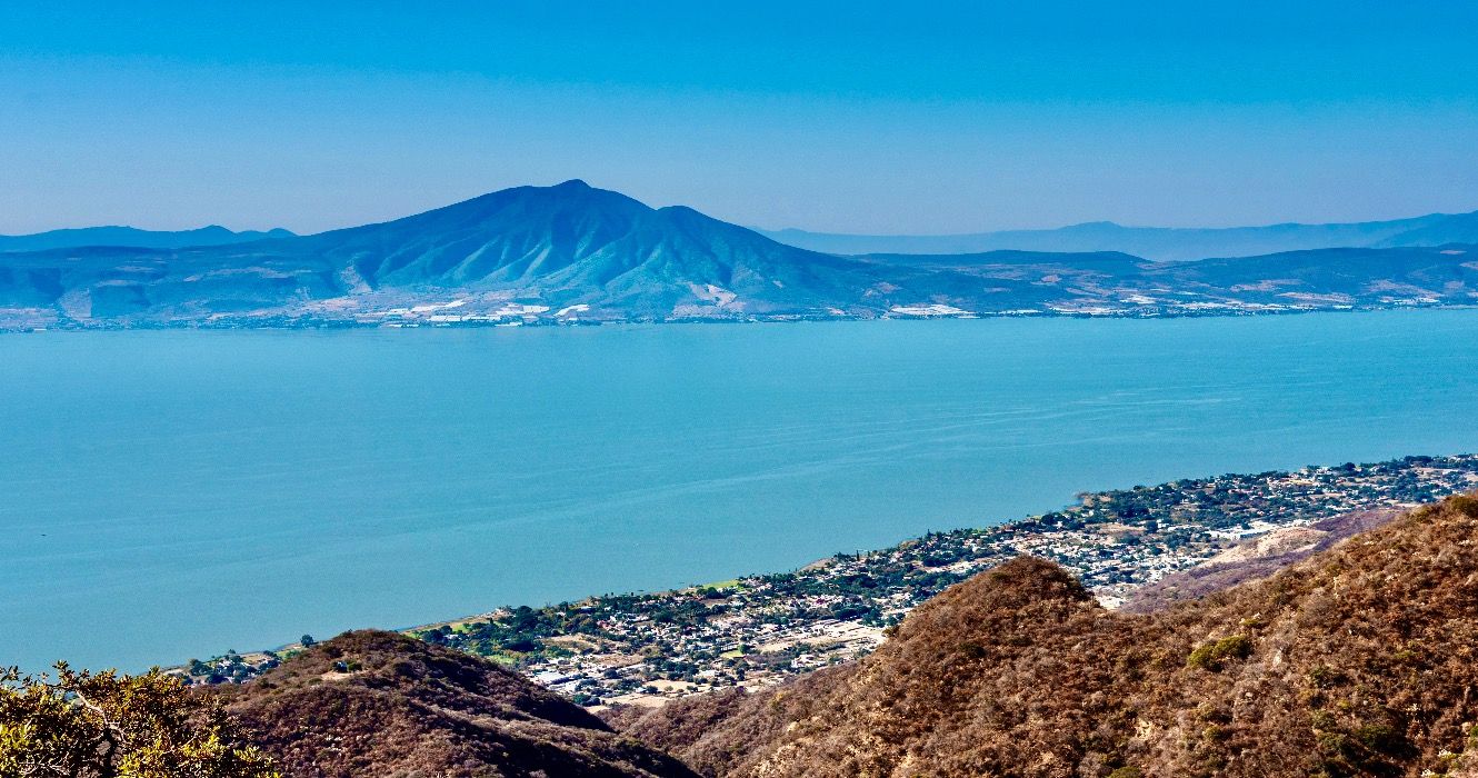 Aerial view of the city of Lake Chapala on mountain chupinaya and its in Ajijic Mexico