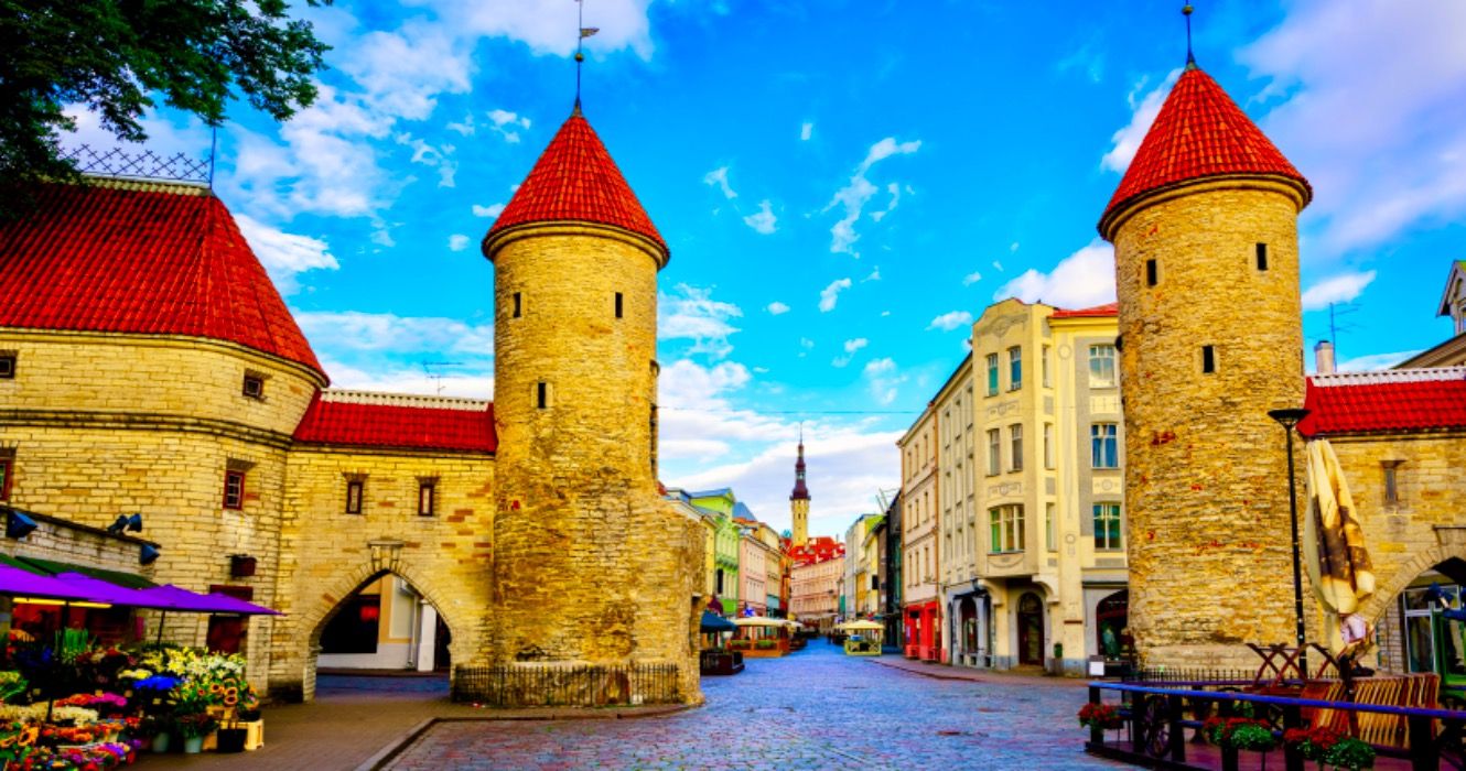 Twin towers of Viru Gate in the old town of Tallinn, Estonia