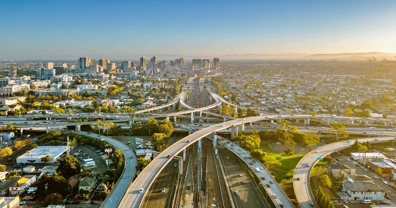  A drone view over the freeway cypress in Oakland, California