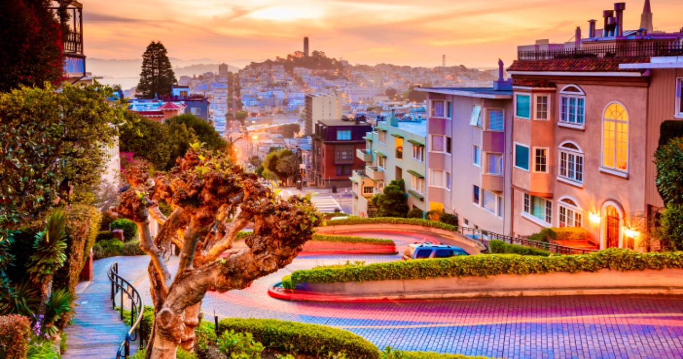 Famous Lombard Street in San Francisco at sunrise