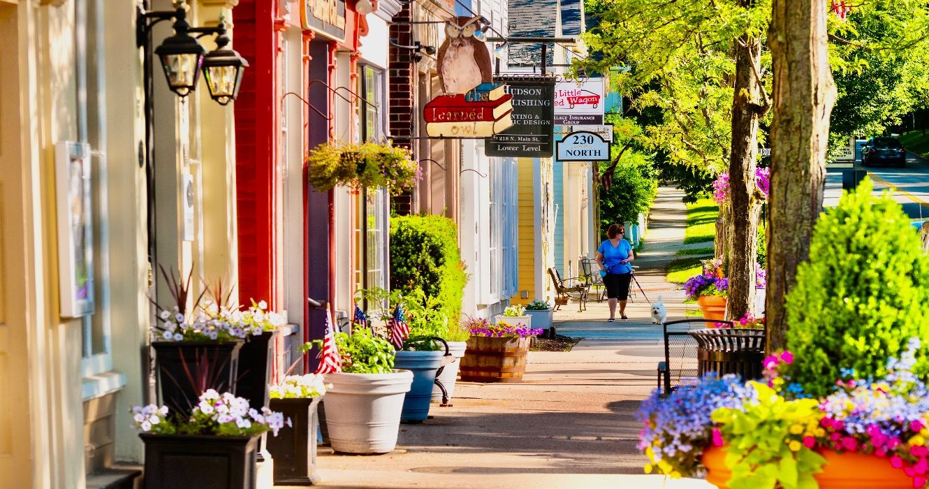 Quaint shops and businesses dating back more than a century line Hudson's Main Street looking north.