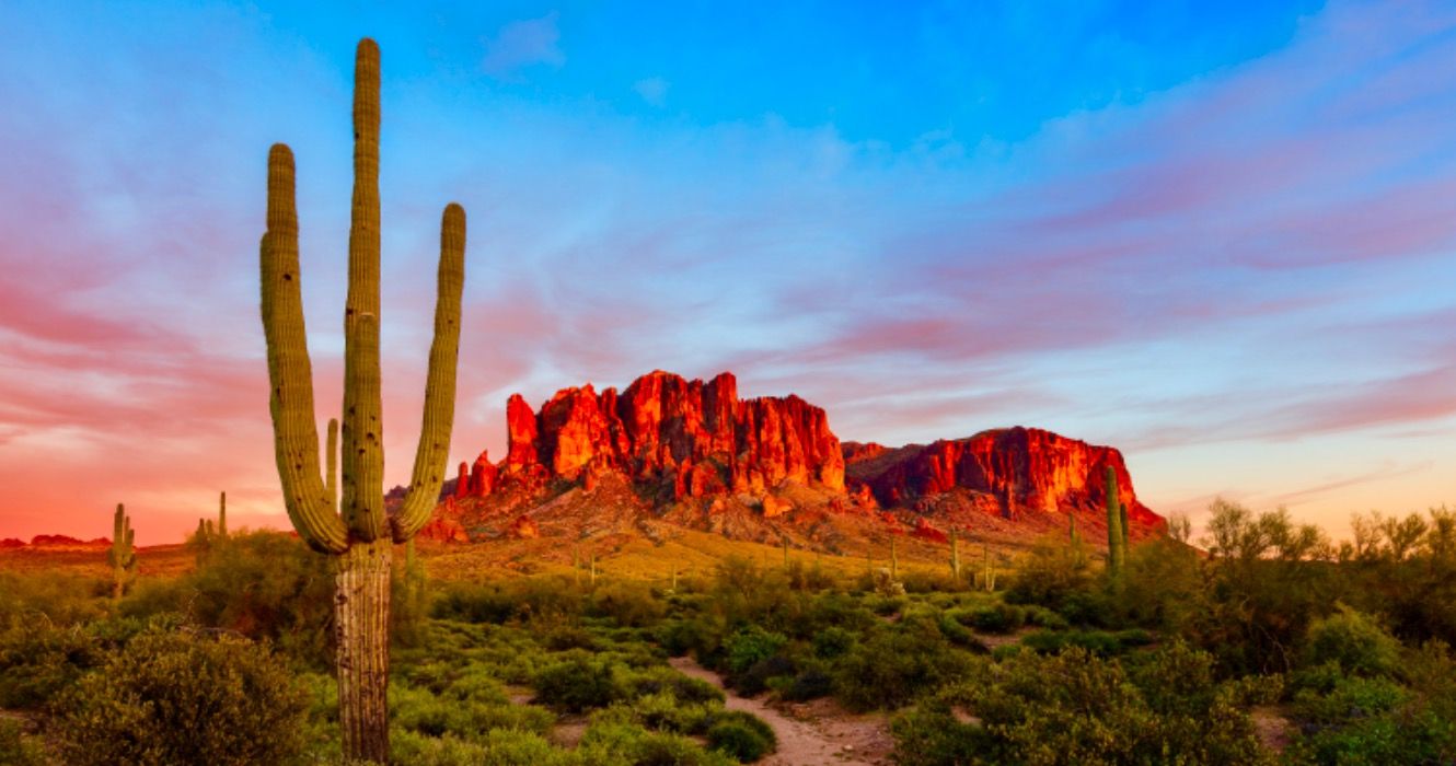 The Superstition Mountains at sunset in Lost Dutchman State Park, Arizona