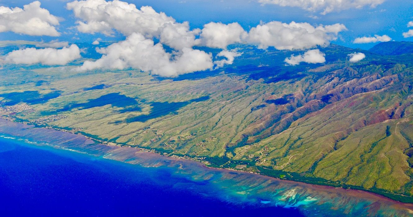 Arial view of south coast of Molokai from Kawela to Kaunakakai