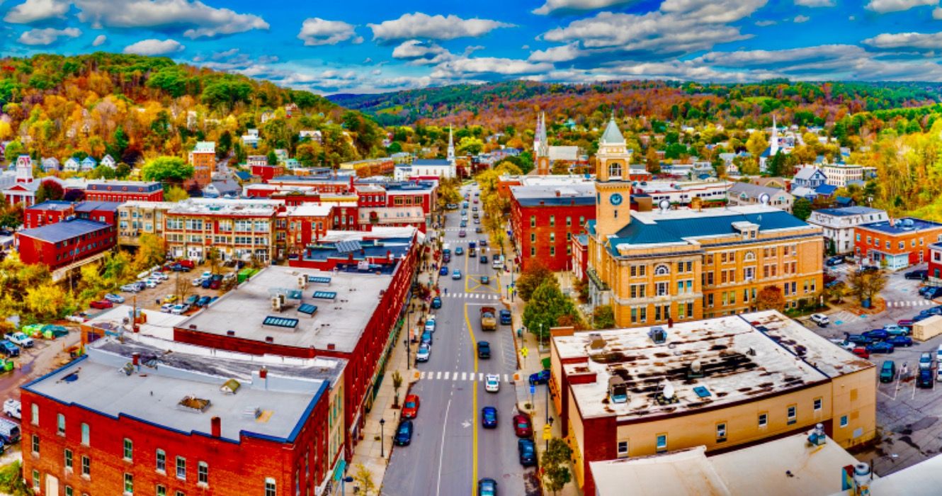 Aerial view of Montpelier, VT cityscape along Main Street