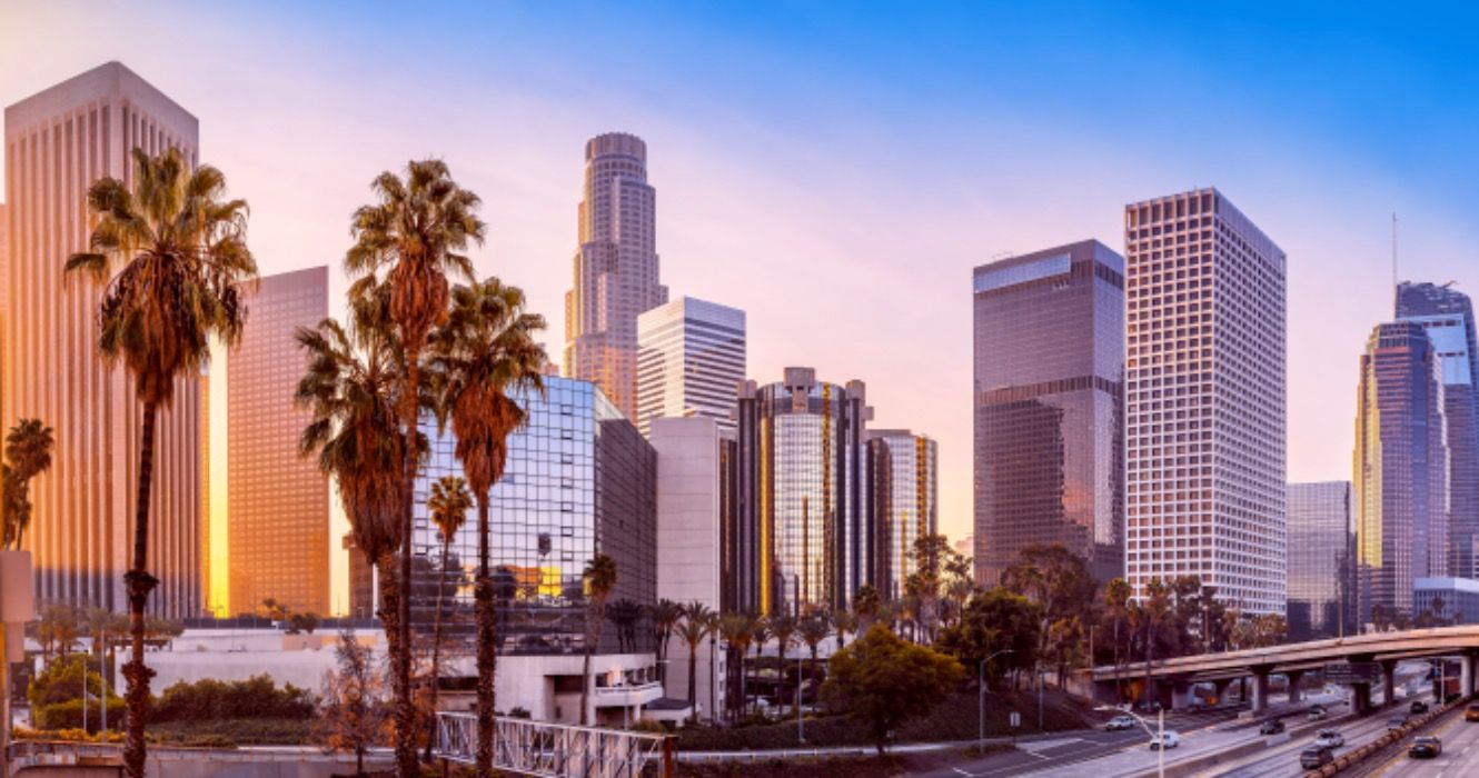 Los Angeles skyline at sunset 