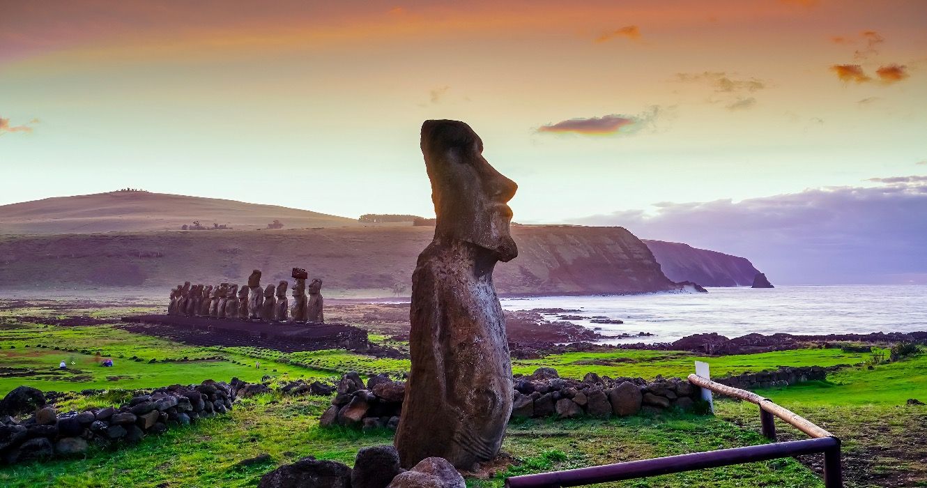 The ancient moai of Ahu Togariki, on Easter Island in Chile at sunrise