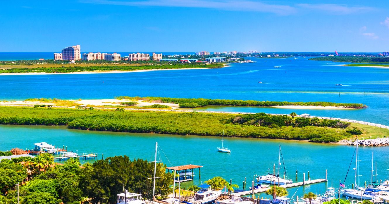 View of Ponce Inlet and New Smyrna Beach seen from Ponce de Leon Inlet Lighthouse, Florida, FL, USA