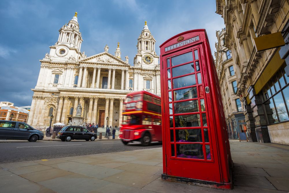 Traditional red telephone box at St. Paul's Cathedral in London, England, UK